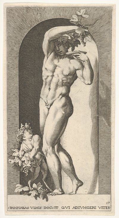 Bacchus Standing in a Niche, Holding Grapes Over a Plate, Accompanied by an Infant by Giovanni Jacopo Caraglio