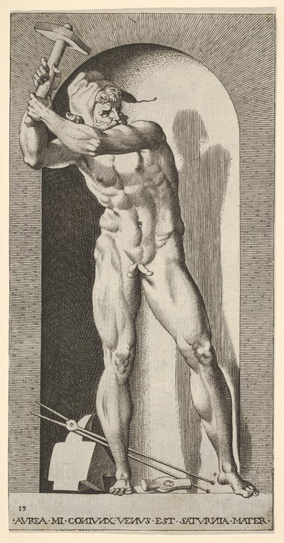 Plate 19: Vulcan Standing in a Niche Swinging a Hammer, with an Anvil, Hammer, and Tongs by Giovanni Jacopo Caraglio
