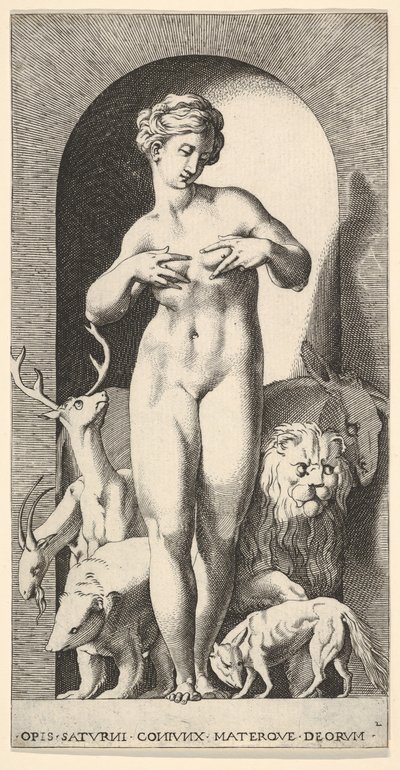 Plate 2: Ops standing in a niche with her hands at her breasts, looking to her left, with ..., 1526 by Giovanni Jacopo Caraglio