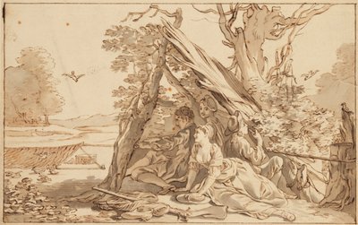 Three young Men and a Woman under a Shelter by Giovanni Lanfranco