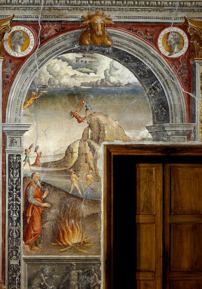 Sign of the Zodiac: The Pisces. Top medallions with portraits of Emperor Caracalla and his brother Geta. Below, legend associated with the birth of the constellation corresponding to the sign: fishing scene by Giovanni Maria Falconetto