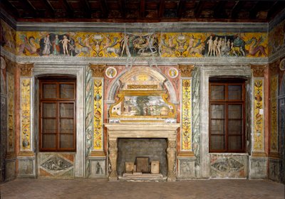 Sign of the Zodiac: The Balance. Top medallions with portraits of Emperors Hadrian and Antonin the Pious. The fresco has deteriorated by Giovanni Maria Falconetto