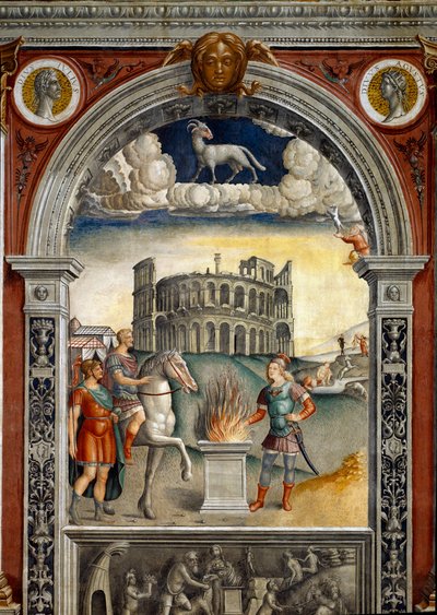Sign of the Zodiac: The Ram. On top medallions with portraits of Julius Caesar and Augustus. Below, legend associated with the birth of the constellation corresponding to the sign: Caius Mucius Scaevola, introduced into the enemy camp of Etruscan king by Giovanni Maria Falconetto