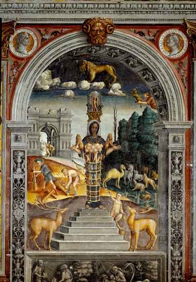 Sign of the Zodiac: The Lion. Top medallions with portraits of Emperors Vitellius and Vespasian. Below, legend associated with the birth of the constellation corresponding to the sign: the deity Artemis of Ephesus by Giovanni Maria Falconetto