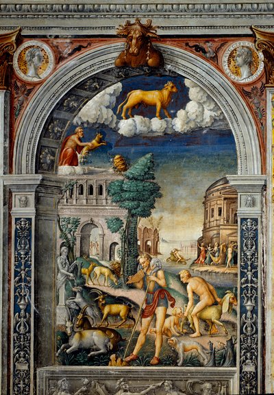 Sign of the Zodiac: The Bull. On top medallions with portraits of Tiberius and Caligula. Below, legend associated with the birth of the constellation corresponding to the sign: the god Pan playing the flute. On the left, a goat puts down a small one by Giovanni Maria Falconetto