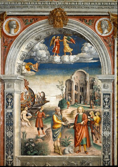 Sign of the Zodiac: The Gemini. Below, legend associated with the birth of the constellation corresponding to the sign: two men exchange an artichoke and flowers. A woman kisses a bird, men in the background came the god Neptune. Top medallions with portra by Giovanni Maria Falconetto