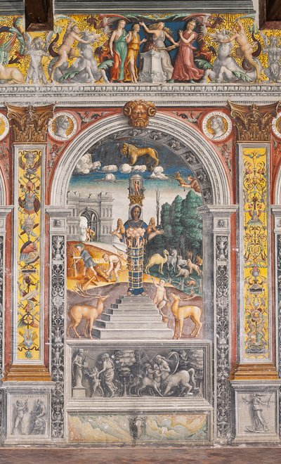 The astrological sign of Leo with Diana, two deers and a satyr as on a sarcophagus in Bleinhaim Palace; in the background the Arco degli Argentari in Rome and Hercules struggling against the Nemean lion, Chamber of the Zodiac (Camera dello Zodiaco) by Giovanni Maria Falconetto