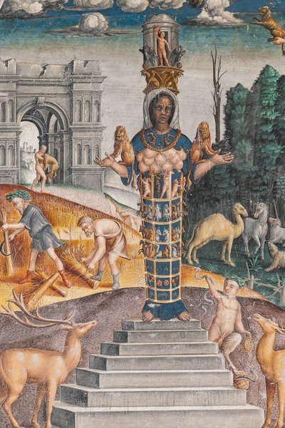 The astrological sign of Leo with Diana, two deers and a satyr as on a sarcophagus in Bleinhaim Palace; in the background the Arco degli Argentari in Rome and Hercules struggling against the Nemean lion, Chamber of the Zodiac (detail) by Giovanni Maria Falconetto
