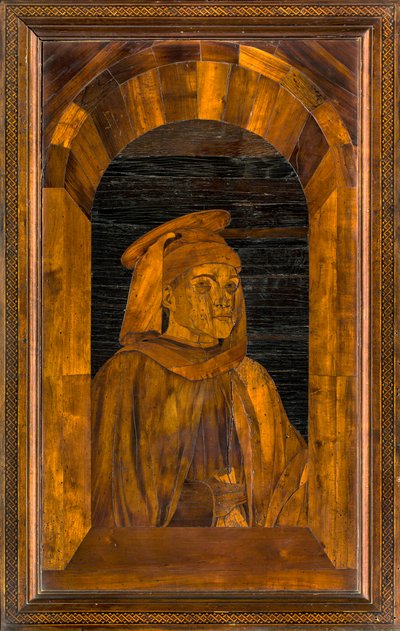 Lignaean Canonical Choir, Inlaid by Giovanni Maria Platina 1484, Superior Stall, Sant