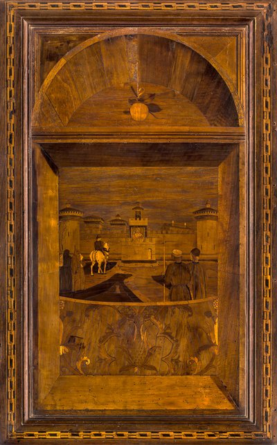 Lignaean Canonical Choir, Inlaid by Giovanni Maria Platina (1484), Superior Stall, View of the Sforzesco Castle of Milan by Giovanni Maria Platina