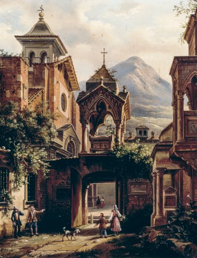 Exterior of Ancient Abbey with Persons by Giovanni Migliara