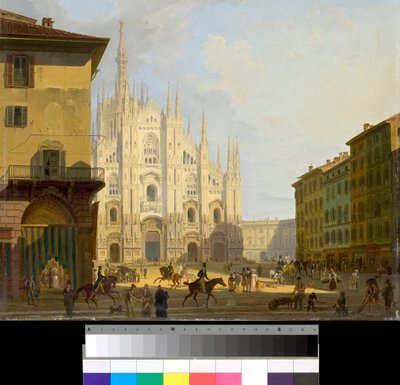View of Piazza Duomo in Milan, Italy (Cathedral Square in Milan) Painting by Giovanni Migliara (1785-1837) 1828 Private Collection by Giovanni Migliara