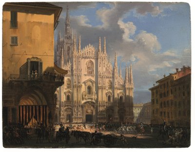 View of Piazza Duomo with the Coperto dei Figini and the Isolato del Rebecchino, Milan by Giovanni Migliara