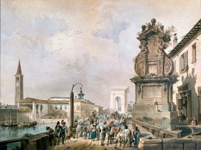 View of Trofeo bridge over Naviglio Pavese, Milan by Giovanni Migliara