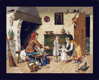 Pictorial Plate Depicting a Cottage Interior Scene with Mother, Two Young Girls and an Infant Taking Her First Steps, Florence, c.1900-10 by Giovanni Montelatici