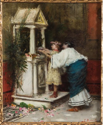 Mother and Daughter in front of a Small Temple by Giovanni Muzzioli