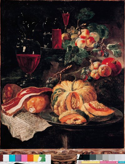 Still Life: Pumpkin, Bacon, Ham, Peaches and Wine by Giovanni Paolo Castelli