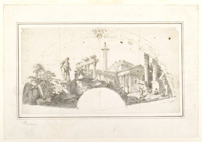 Design for a Fan: Capriccio with Roman Ruins and the Farnese Hercules by Giovanni Paolo Panini