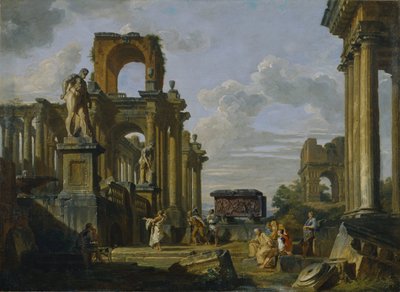 Architectural Capriccio of the Roman Forum with Philosophers and Soldiers among Ancient Ruins by Giovanni Paolo Pannini