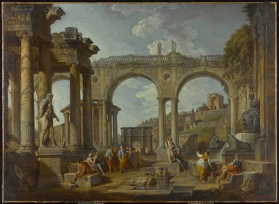 A Capriccio of Roman Ruins with the Arch of Constantine by Giovanni Paolo Pannini