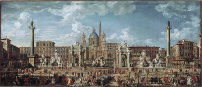 Preparations for the fireworks and decorations of the feast given in Rome celebrating the birth of the Louis de France dolphin by Giovanni Paolo Pannini