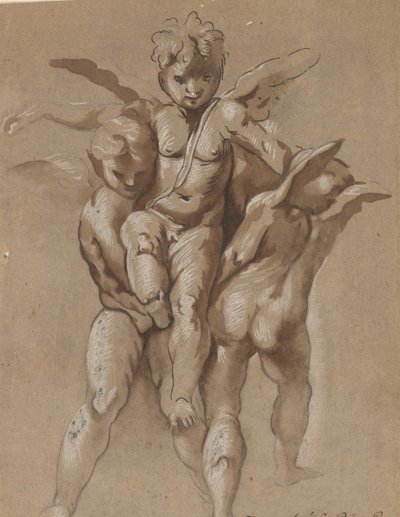 Two Putti Carrying a Third Putti (recto); A Youth with a Staff (verso) by Giovanni Pietro Possenti