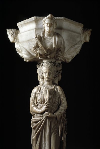 Benitier at the pillar decorates the three theological virtues and a bowl decorated with the busts of the four cardinal virtues (Marble stoup with column with the three theological virtues and water font with the four cardinal virtues) Sculpture by Giovann by Giovanni Pisano