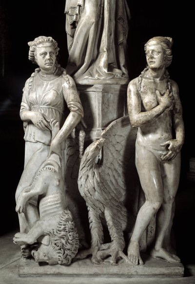 Detail of the sculpted groups supporting the Chair realized by Giovanni Pisano: two cardinal virtues by Giovanni Pisano