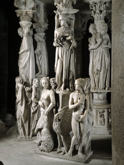 Detail of the Sculpted Groups Supporting the Chair: The Church Feeds Her Children and Two of the Four Cardinal Virtues by Giovanni Pisano