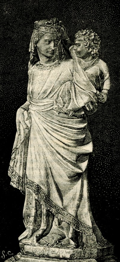 Madonna and Child, statue by Giovanni Pisano, Prato Cathedral, woodcut from Le cento citta d