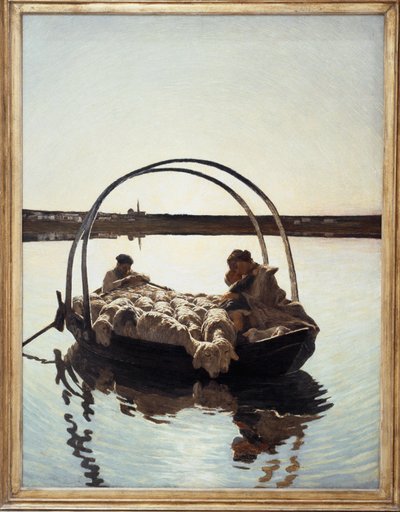 Ave Maria: A mother holding her child against her with a herd of sheep on a ferry crossing a river by Giovanni Segantini