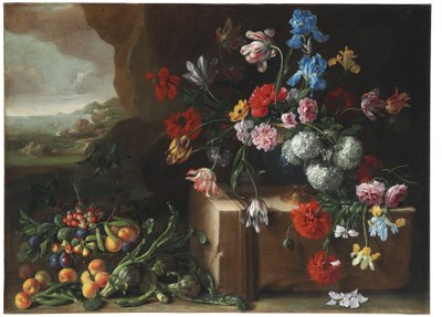 Chrysanthemums, Tulips, Irises and Other Flowers and Fruit in a Landscape by Giovanni Stanchi