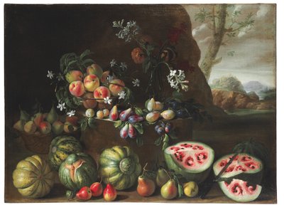 Watermelons, Peaches, Pears and Other Fruit in a Landscape by Giovanni Stanchi