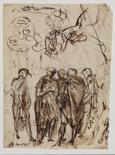 A Group of Five Men Conversing, Upside Down Relative to Them, Sketches for a Reclining Old Man, a Right Arm, and Possibly for a Coat of Arms by Giovanni da San Giovanni