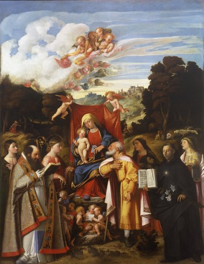 Madonna Enthroned with Angels, St. Apollonia, St. Augustine, St. Catherine, St. Joseph, St. Grata, St. Philip Benizzi and St. Barbara (St. Gotthard Altarpiece) by Giovanni de Busi Cariani