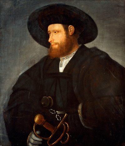 Portrait of a Gentleman, half-length, wearing a black costume and a black hat by Giovanni de Busi Cariani