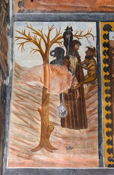 Stories of the Passion of Christ: Judas, after betraying Jesus for thirty denarii, hangs himself by Giovanni di Cherasco Botoneri