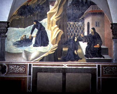 St. Benedict Sending Mauro to Save the Drowning Placidus from the Lake (detail) by Giovanni di Consalvo (attr. to)