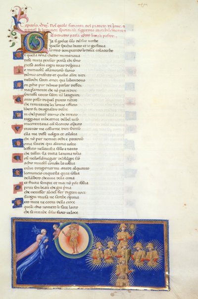Paradiso, Canto XVIII. Miniature shows Dante and Beatrice hovering before the half figure of Cacciaguida, who is on the periphery of the Heaven of Mars, which has the winged figure of Mars in its centre. Dante is shown the eight holy warriors who appear in by Giovanni di Paolo