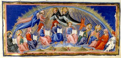Paradiso, Canto X. Beatrice and Dante Hover Beside the Heaven of the Sun Meet Those Distinguished for Their Wisdom. They Are Greeted by St. Thomas Aquinas with Albertus Magnus. Seated Below Are Ten Representatives of Wisdom; Bede, St. Ambrose, Isidore of S by Giovanni di Paolo