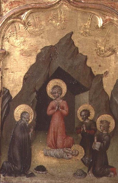 Adoration of the Child by the Virgin, St. Joseph and two saints by Giovanni di Paolo di Grazia