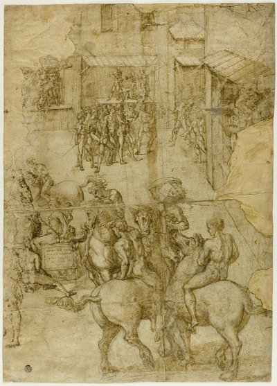 Mythological Pageant (recto); Illegible Inscriptions and Anatomical Studies of Head (verso) by Girolamo Genga
