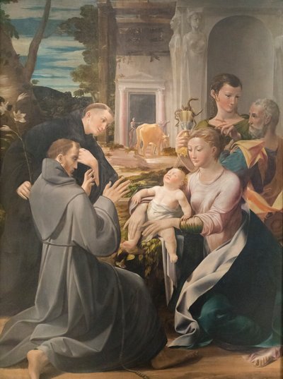 Holy Family with St Anthony of Padua, St Francis of Assisi and St John the Evangelist by Girolamo Mazzola Bedoli