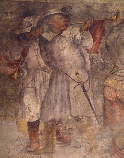 Figure of Man Playing Trumpet, (detail) from fresco by Girolamo Romanino, St. Anthony Church, Breno, Italy by Girolamo Romanino