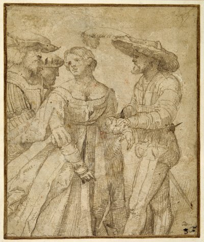 Scene of gallantry: four figures standing against a landscape background by Girolamo Romanino