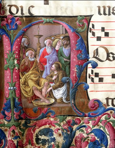 Decorated letter depicting Christ washing the feet. Miniature by Girolamo da Cremona (active around 1451-1483) and Liberale da Verona (1445-1529) from a choir (Cod. 22/7. c.37) from the Cathedral of Siena. 15th century. by Girolamo da Cremona