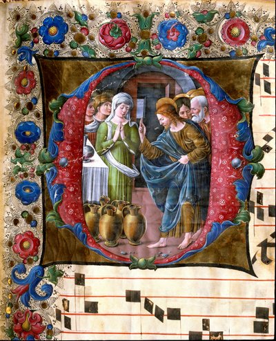 Decorated Initial Representing the Wedding at Cana Miniature by Girolamo da Cremona (active around 1451-1483) and Liberale da Verona (1445-1529) from a Choir Book (Cod. 19/4. c.19v.) from the Cathedral of Siena. 15th Century Cathedral (Duomo) of Siena, Ita by Girolamo da Cremona