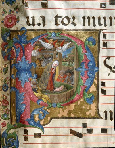 Lettrine P Decorated Representing the Miniature Nativity by Girolamo da Cremona from a Choir (Cod. 18/3) from the Cathedral of Siena by Girolamo da Cremona