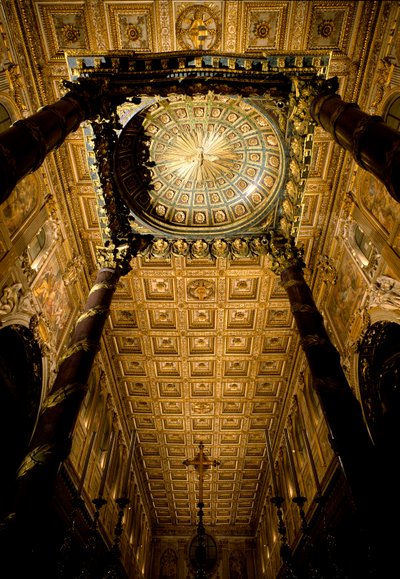 View of the ceiling with wooden boxes marked and gilded by Giuliano da Sangallo (1445-1516) and major altar made by architect Ferdinando Fuga (1699-1781). Basilica of Santa Maria Maggiore, Rome by Giuliano Giamberti da Sangallo