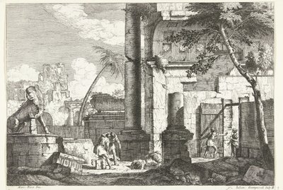 Ancient Ruins with Grave Robbers and Palm Tree by Giuliano Giampiccoli